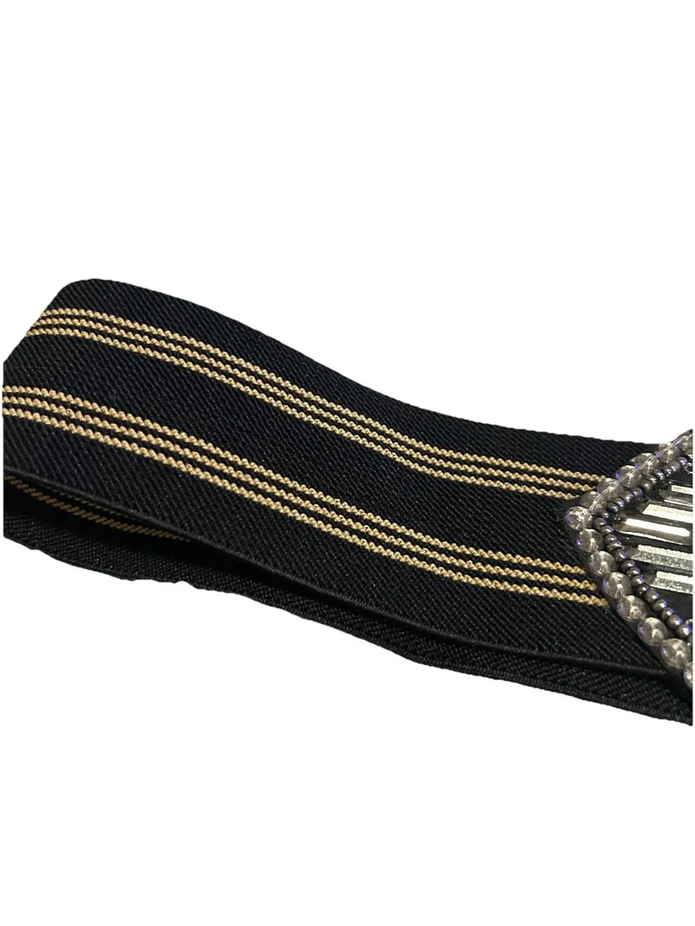 LOFT Wide Elastic Waist Belt Black Beige Striped Sequin Bling Buckle M/L